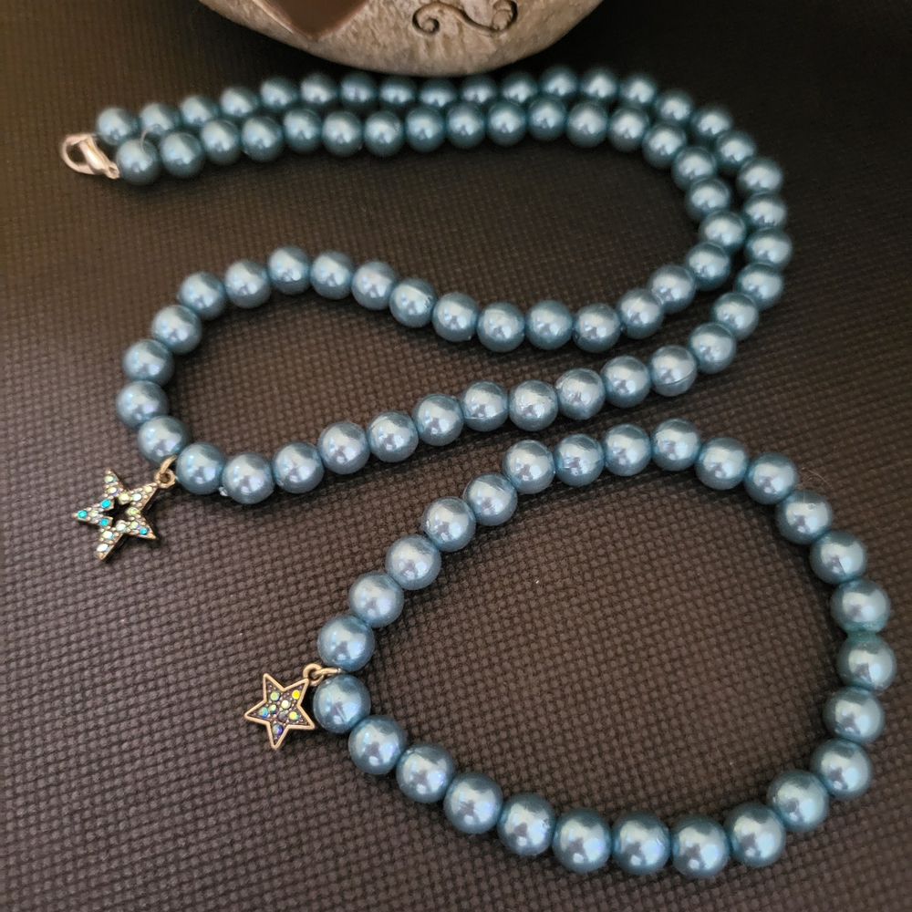 Elegant Blue Pearl Necklace with Star Charm, Matching Bracelet